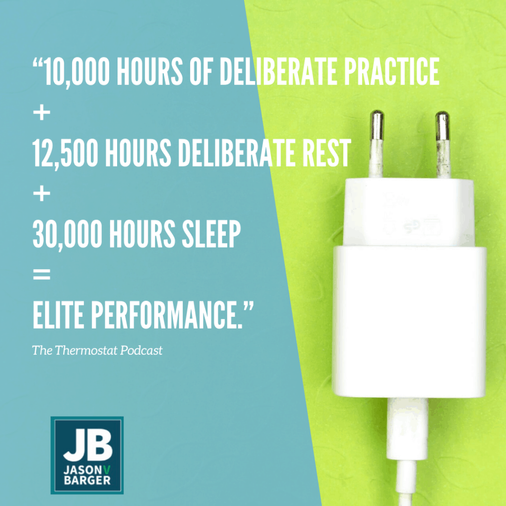 S4 E24: Rest: The Power of Recharging. The image shows a power adapter or charging adapter, get it haha... with the words, 10K hours of deliberate practice + 12.5K hours of Deliberate Rest + 30K hours of sleep = Elite Performance.
