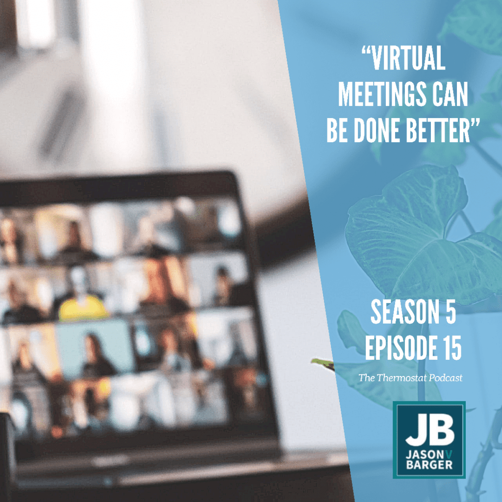 Season 5 Episode 15 - Virtual Meetings Can Be Done Better, shows a laptop on a online meeting with many faces on the screen looking almost like the brady bunch
