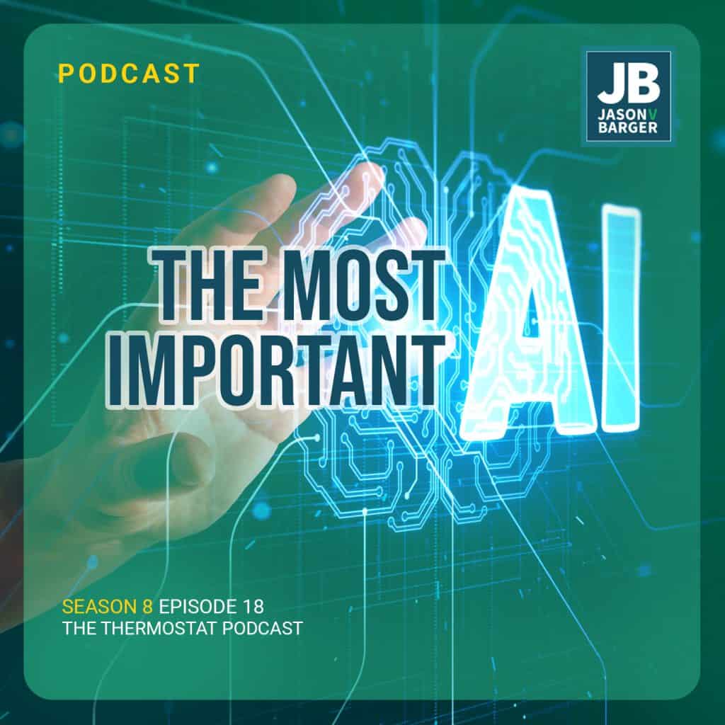 Season 8 Episode 18: The Most Important AI. Image shows a hand reaching to touch a digital drawing of a brain with AI in front of it. So close to reach.